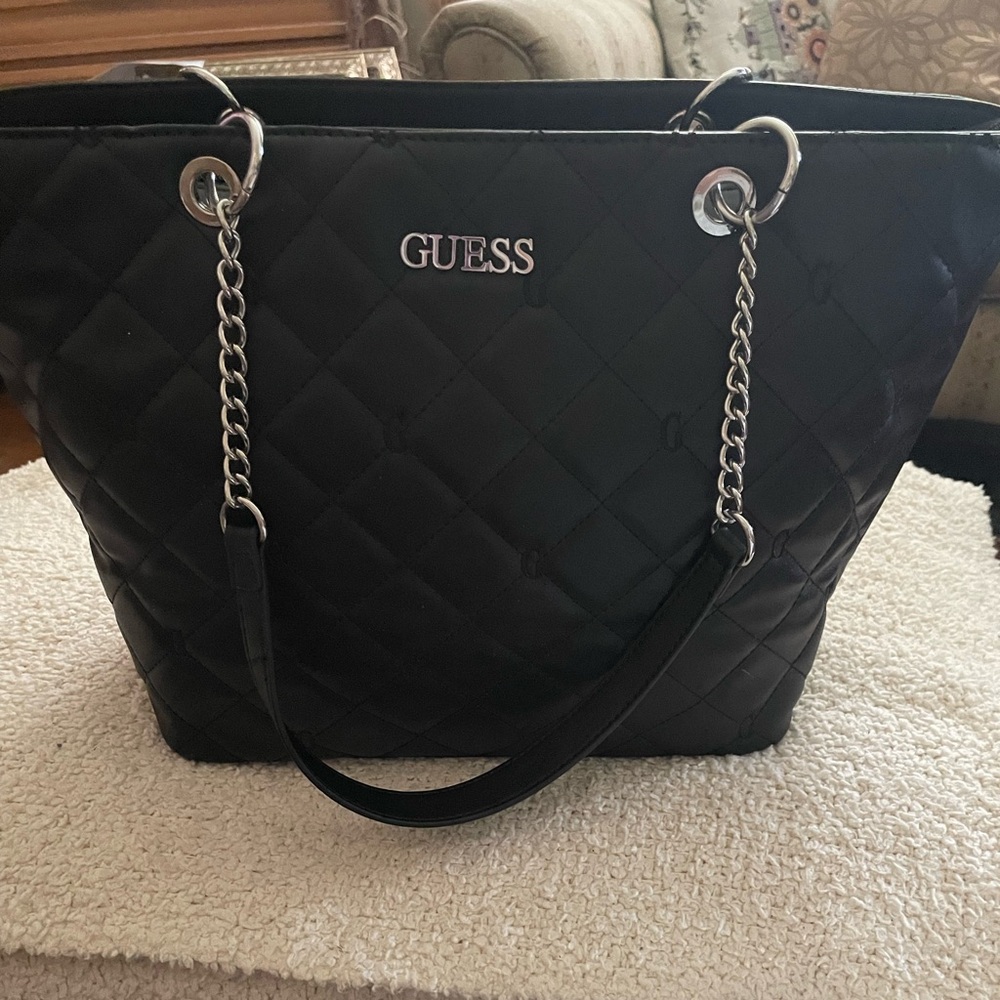 Guess Black Tote Bag with Silver Chain Straps